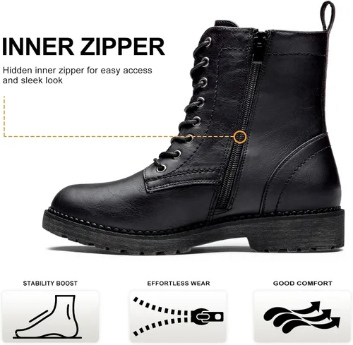 Vista 5 de Vepose Botas militares de combate para mujer, botas planas de tobillo en negro, con cremallera interior, estilo 925