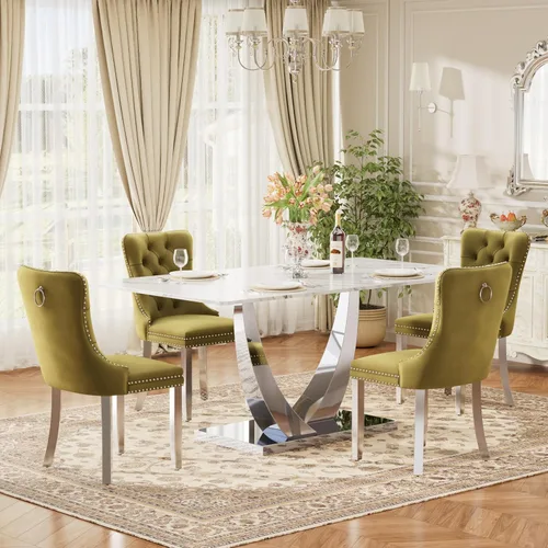 Vista 28 de Juego de mesa de comedor de cristal moderno de mediados de siglo para 4, 63 pulgadas, juego de comedor rectangular grande de lujo con parte superior