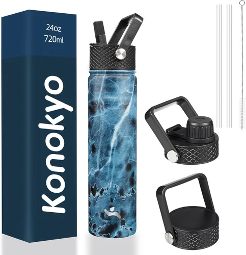 Vista 31 de Konokyo - Botella de agua aislada de 18 onzas, botellas deportivas de acero inoxidable con 3 tapas, verde militar