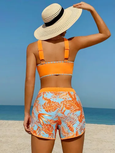 Vista 5 de HaiiMeid Traje de baño deportivo de cintura alta para mujer, traje de baño deportivo con push up de dos piezas, pantalones cortos para niño