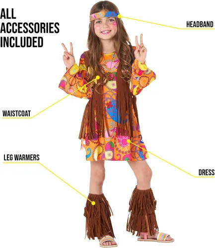 Vista 3 de Morph Disfraces para niños, vestido hippie de los años 60 y 70 para niñas, disfraz de Halloween disponible en tallas S, M, L, XL
