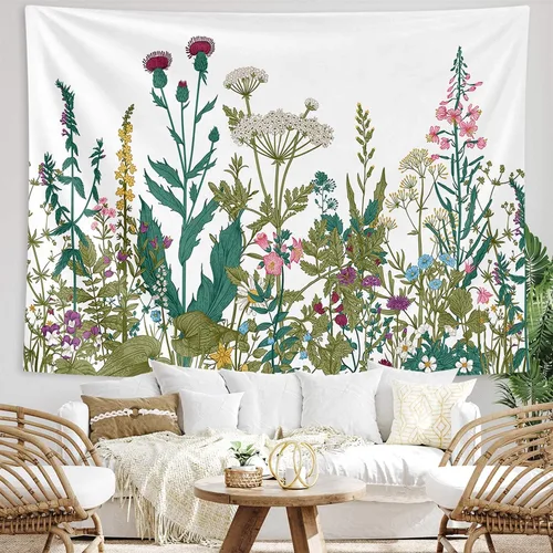 Vista 4 de HOMKUMY Tapiz de pared de flores silvestres, tapiz hippie bohemio con flores psicodélicas indias para colgar en la pared, decoración del hogar