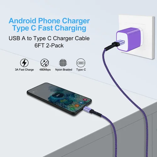 Vista 3 de Samsung - Cable de carga rápida tipo C, cable de alimentación de teléfono Android de 6 pies para Samsung Galaxy A23/A15 5G/A14 5G/A54/A53/S24/S23