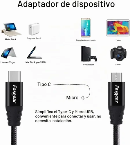 Vista 3 de Fasgear - Cable USB C a Micro USB, negro, 1 pie