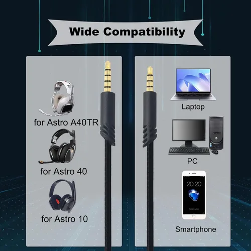 Vista 2 de Cable de audio de repuesto para auriculares para juegos Astro A10 A40 Inline Cable de control de volumen, cable auxiliar para juegos de audio, 6.6