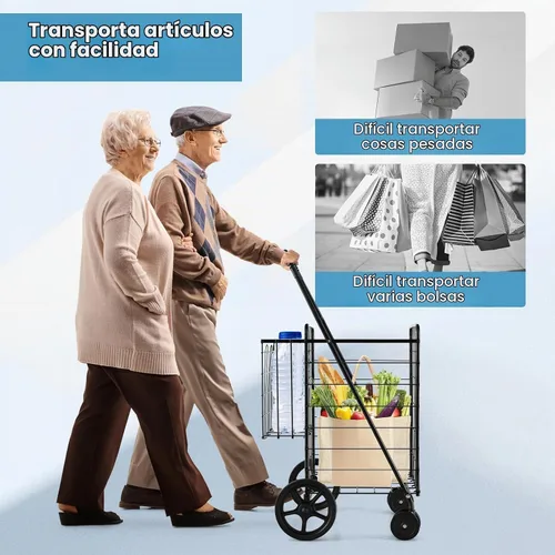 Vista 7 de COSTWAY Carrito de compras plegable, carrito de comestibles de metal con cesta adicional Ruedas delanteras giratorias de 360° y mango cómodo, Negro