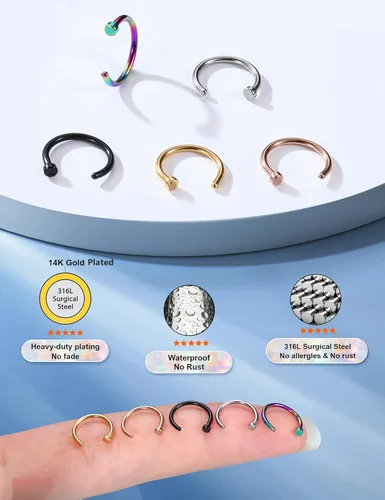 Vista 6 de FIBO STEEL - 5 piezas de acero inoxidable, 18G a 22G, joyería corporal, piercing de nariz para mujer