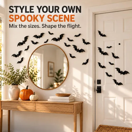 Vista 5 de Cleangor - 140 decoraciones de murciélago de Halloween, decoración de pared Negro