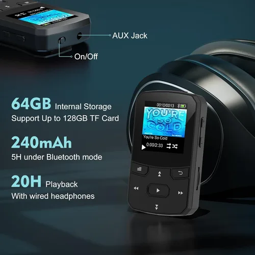 Vista 3 de RUIZU - Reproductor MP3 con clip de 64 GB con Bluetooth 5.3, reproductor de música portátil con grabadora de voz para deporte y carrera, radio FM