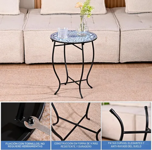 Vista 7 de Mesa auxiliar redonda, mesa auxiliar pequeña para interiores y exteriores, resistente a la intemperie, mesa auxiliar de metal negro para sala