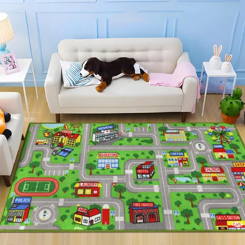 Vista 13 de Capslpad Alfombra Azul de Coche y Carretera para Niños, Alfombra de Juego para Sala de Juegos, Alfombra Antideslizante Lavable con Mapa de la Ciudad