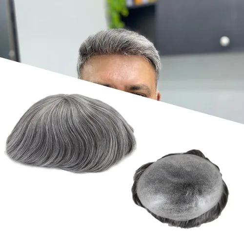 Vista 9 de Peluca de cabello humano natural para hombre, color negro, mezcla de gris, 1B10
