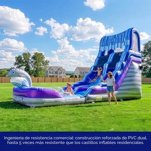 Vista 5 de HeroKiddo - Tobogán acuático inflable comercial de delfín de 16 pies con soplador
