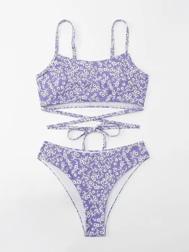 Vista 5 de MakeMeChic Traje de baño de 2 piezas para mujer, conjunto de bikini de corte alto fruncido floral