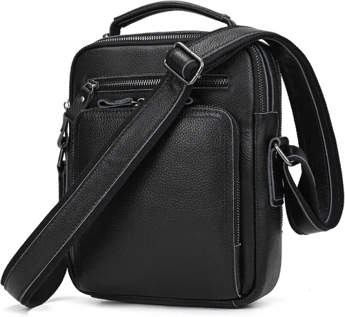Vista 8 de Bolso pequeño de cuero para hombre, bandolera de cuero genuino y bolsa de hombro para hombres, bolsillos con cremallera, bolso de mano para hombre