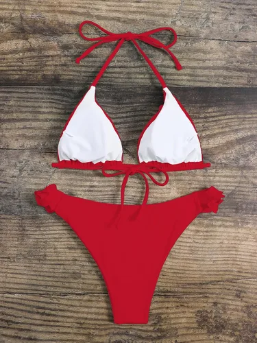 Vista 2 de OYOANGLE Conjunto de bikini de 2 piezas para mujer, sexy, con lazo, halter y triángulo, traje de baño floral