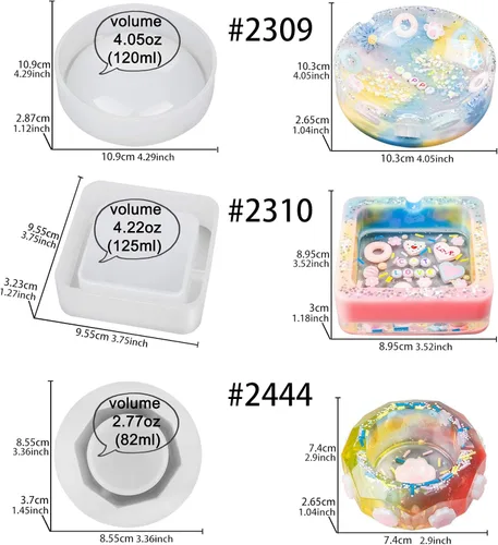 Vista 2 de Cenicero de resina epoxi moldes de silicona para hormigón, cemento, arcilla, octágono, cuadrado, redondo, paquete de 3 con juego de tutoriales