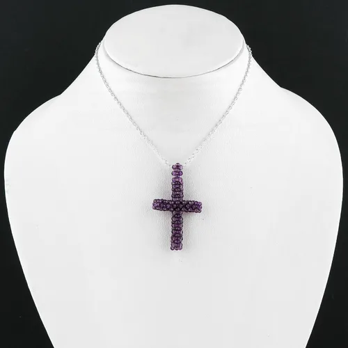 Vista 5 de Collar con colgante de ganchillo crucifijo, piedras preciosas de amatista natural, joyería hecha a mano, colgante de cristales cruzados, cadena