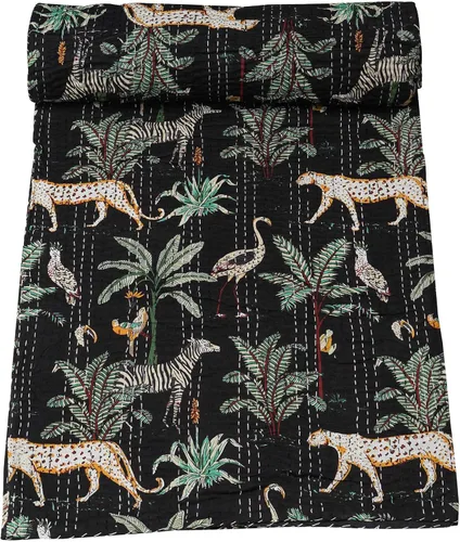Vista 10 de Marubhumi Edredón tradicional indio de algodón puro con estampado de selva Kantha, funda de cama, colcha Kantha con estampado de animales, Gris