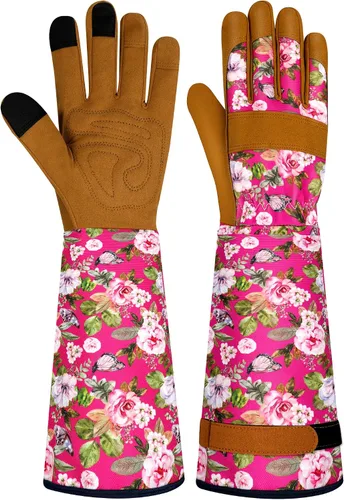 Vista 24 de Guantes largos de jardinería para mujer, guantes de cuero a prueba de espinas, guantes de trabajo transpirables para mujeres, patio, exteriores