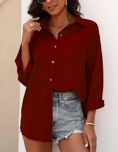 Vista 7 de KYLELOVE Camisas de manga larga con cuello abotonado para mujer, blusas casuales de gran tamaño con bolsillo