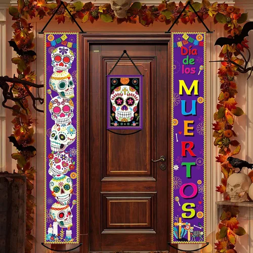 Vista 7 de Juego de 3 pancartas de decoración del Día de los Muertos para fiesta mexicana, decoración del Día de los Muertos, letrero de porche, bandera
