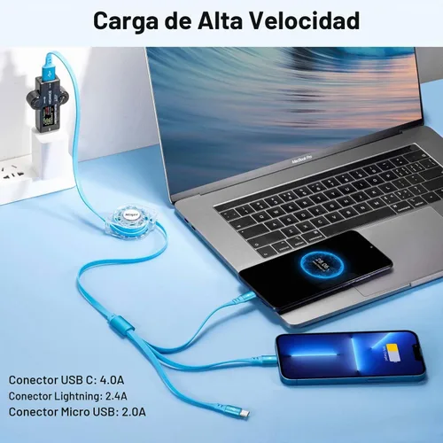 Vista 3 de Cable USB C de carga rápida múltiple 4A [2 unidades/4 pies] cargador múltiple retráctil USB A a tipo C/Lightning/Micro USB 3 en 1 cable USB