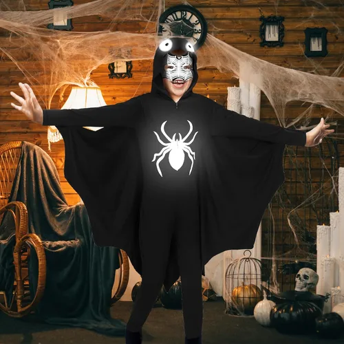 Vista 6 de Toulite 2 piezas de disfraz de araña reflectante para niños, disfraz de araña de Halloween iluminado con sombrero, máscara de ojos para niños y niñas