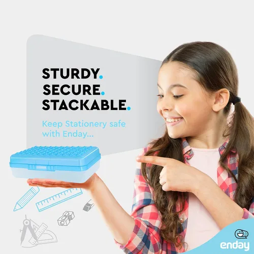 Vista 2 de Enday Caja de lápices azul, estuche de plástico con puntos pequeños, organizador de suministros escolares con cierre a presión para niños y adultos