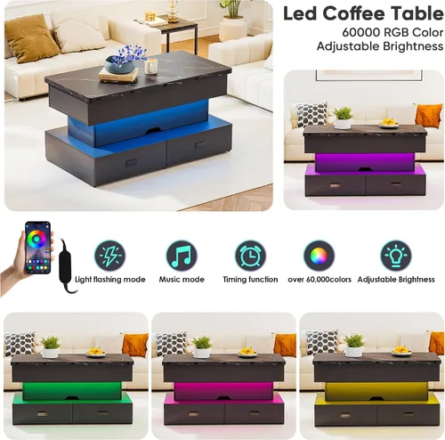 Vista 6 de Mesa de centro elevable de 40 pulgadas con luz LED, modernas mesas de centro grandes con almacenamiento y 4 cajones, mesa de centro de mesa