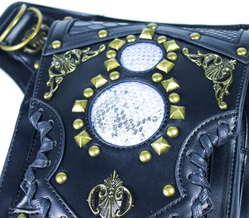 Vista 2 de Riñonera gótica de cuero steampunk con cadena bolsa cruzada para el hombro bolsa de cadera Negro
