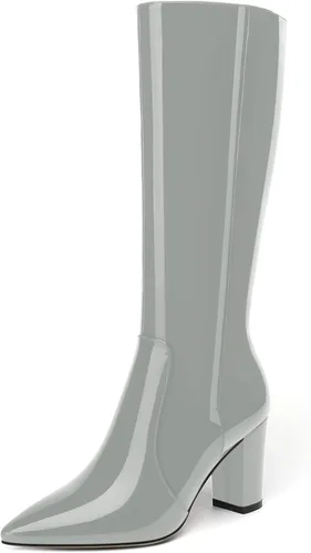 Vista 50 de AMBELIGHT Botas altas hasta la rodilla con cremallera y puntera puntiaguda para mujer, de patente sólida, tacón alto, 3.3 pulgadas