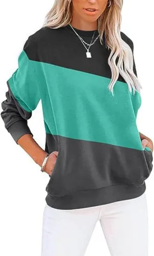 Vista 13 de Sudadera para mujer, casual, cuello redondo, manga larga, bloque de color, suave, holgada, con bolsillo, S-2XL