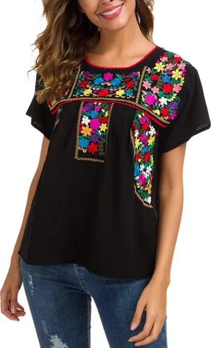 Vista 5 de YZXDORWJ - Cómoda blusa mexicana bordada de verano y sin mangas para mujer