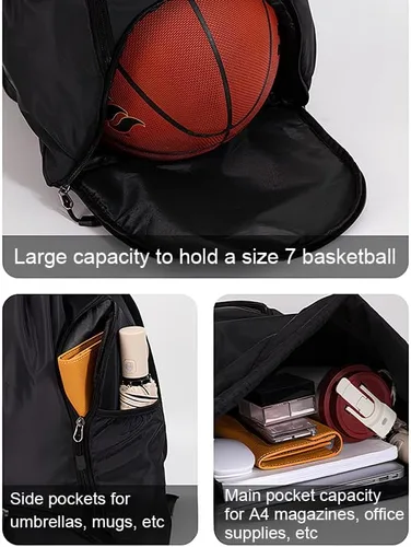 Vista 4 de Mochila deportiva con cordón, bolsa de gimnasio impermeable para mujeres y hombres, paquete de baloncesto con compartimento para zapatos, Negro