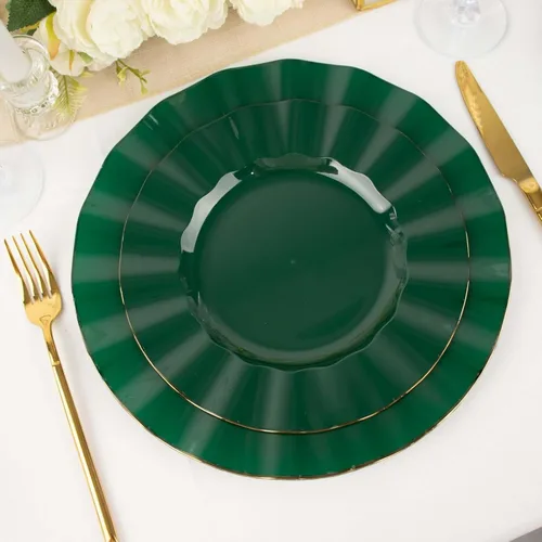 Vista 58 de Efavormart 10 Pack Platos redondos de plástico negro de 6" para postre y ensalada, platos desechables para aperitivos con borde ondulado dorado