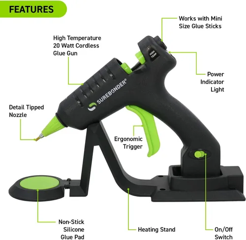 Vista 4 de Surebonder Mini pistola de pegamento caliente de alta temperatura inalámbrica/con cable con punta de detalle, 20 vatios, recarga con soporte