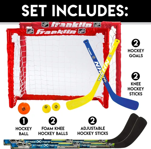 Vista 3 de Franklin Sports - Juego de porterías plegables para niños de hockey NHL - (2) porterías de hockey callejero y de rodilla - (2) palos de hockey