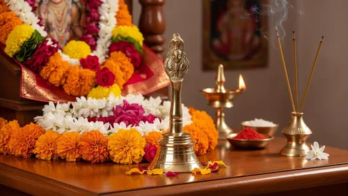 Vista 2 de CraftsofIndia® - Campana Puja de latón para mandir, Aarti, Poojan, campanilla de cascabel colorido para Navidad, festivales hindúes, oficina y hogar
