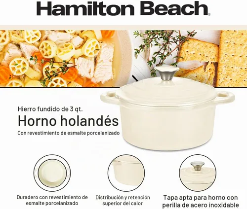 Vista 9 de Hamilton Beach Olla holandesa de hierro fundido esmaltado de 3 cuartos de galón con tapa, color crema