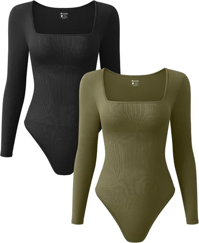 Vista 9 de OQQ Body de 2 piezas para mujer, sexy, acanalado, de una pieza, cuello cuadrado, manga larga, tops Negro Beige