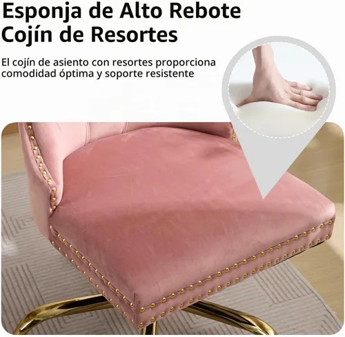 Vista 4 de Silla de escritorio de oficina en casa de terciopelo rosa con ruedas y base dorada, cómoda silla de tocador para maquillaje con respaldo copetado