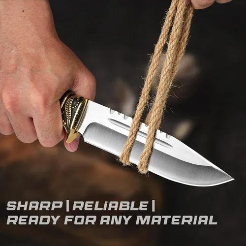 Vista 2 de DRACHENADER Cuchillo de caza de hoja fija con funda de cuero horizontal YU-LN, cuchillo de bushcraft de 10.63 pulgadas para hombres con mango