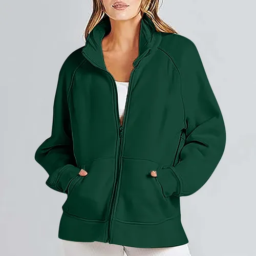 Vista 2 de Ceboyel Sudaderas con capucha y cremallera para mujer, a la moda, color sólido, sudadera holgada con cremallera, ropa de moda cómoda