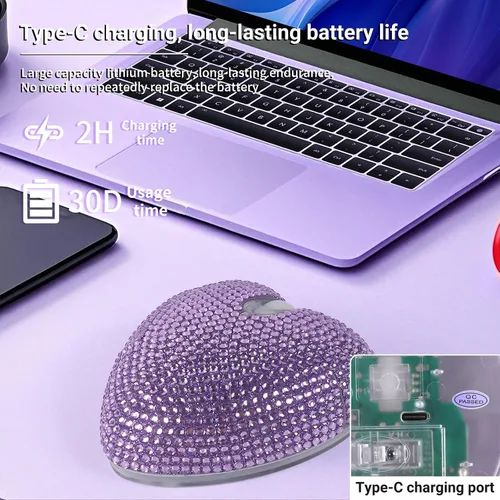 Vista 5 de elec Space - Ratón inalámbrico Bluetooth, ratón silencioso y elegante con forma de corazón para laptop, PC - Alcance de 10m (Morado)