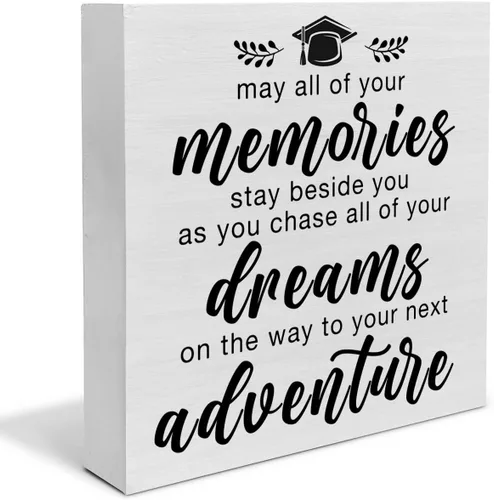 Vista 13 de Letrero de madera para decoración de escritorio con texto en inglés "Graduate a Sweet Ending to a New Beginning", caja de madera rústica, decoración