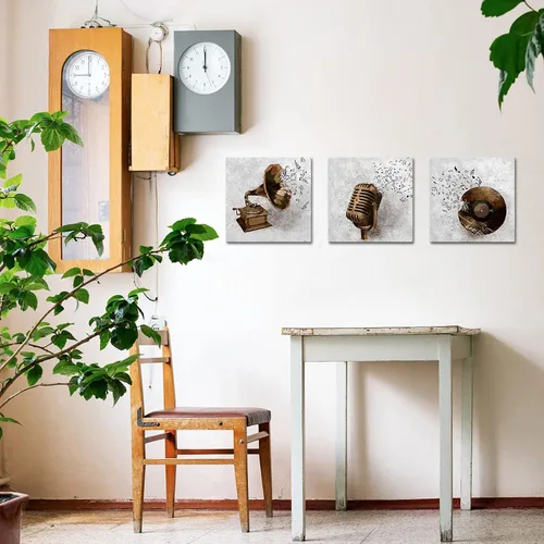 Vista 4 de Derkymo 3 piezas de lienzo de música vintage, arte de pared, grabación, fonógrafo, micrófono, pintura, impresiones de notas musicales voladoras