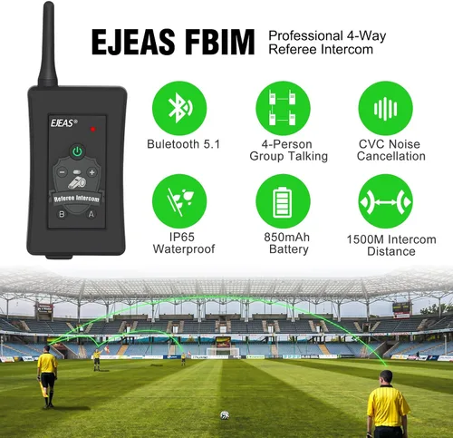 Vista 4 de EJEAS FBIM Intercomunicador Bluetooth profesional de árbitro de fútbol, 850 mAh, dúplex, 1500 M, inalámbrico Bluetooth con función de reducción