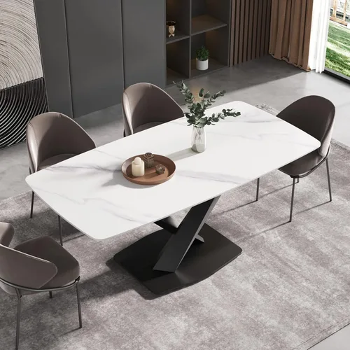 Vista 10 de Mesa de comedor moderna, mesa de comedor de piedra sinterizada blanca antigua con base de acero al carbono sólido en forma de X, mesa de comedor