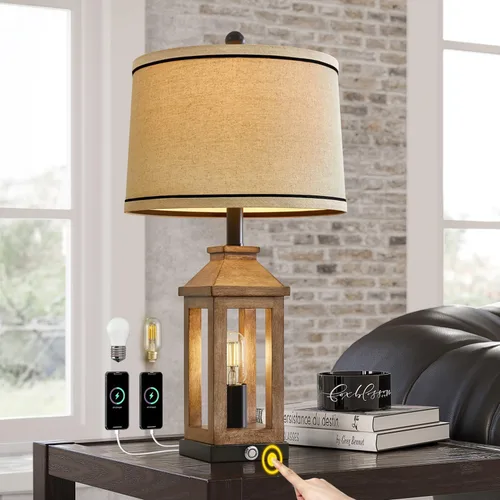 Vista 17 de G-SAFAVA Juego de 2 lámparas de mesa de 23.75 pulgadas para sala de estar, dormitorio, lámparas táctiles de metal industriales con puertos USB A+C